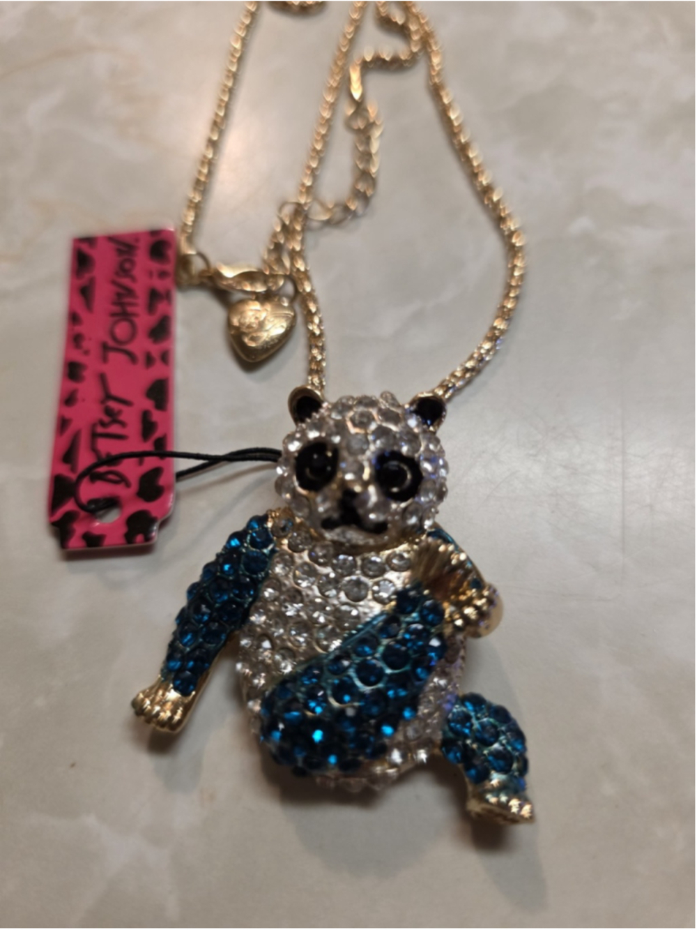 Betsey Johnson Blue & White Crystal Bear Pendant/Brooch on Gold Chain Necklace!